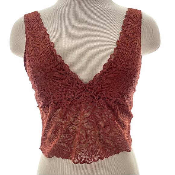 Aerie Lace Deep Plunge Partially Sheer Ribbed Back Bralette Top Size Medium - Picture 1 of 7